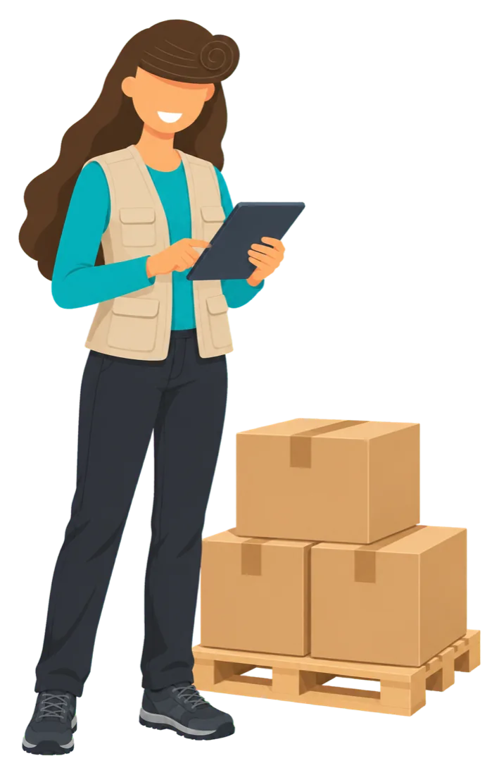 Mariam receiving a pallet of boxes and checking it in on a tablet