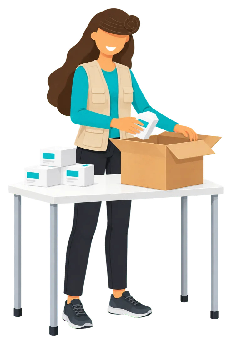 Mariam packing an order into a box for dispatch