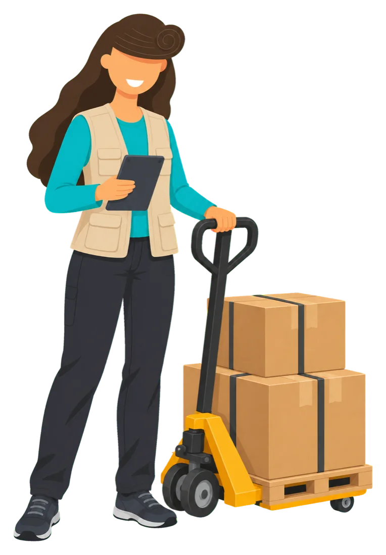 Mariam dispatching a loaded pallet with a pallet jack and tablet