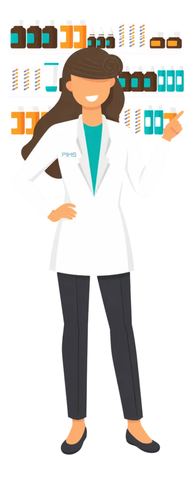 Mariam, the PIMS pharmacist mascot, smiling in front of pharmacy shelves