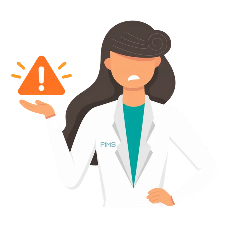 Mariam holding a warning sign — PIMS alerts for expiries and stock problems