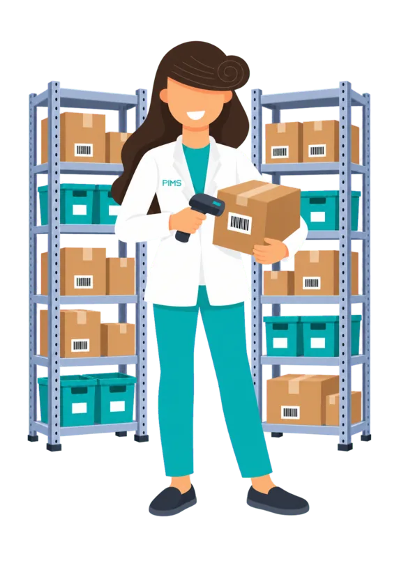 Mariam scanning a barcoded box in a PIMS-managed warehouse