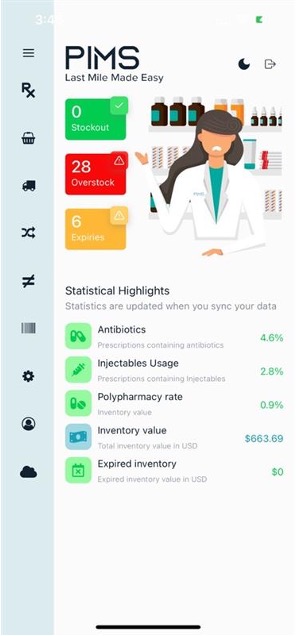 PIMS mobile app home screen with stock alerts and dispensing indicators